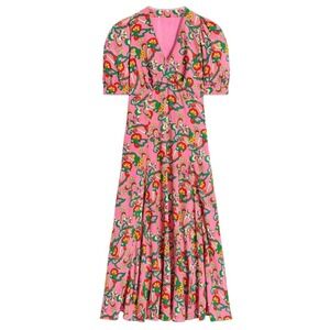 Boden Rosie Godet Tea DressPink Rose Foliage Trail puff steeve floral midi NWT